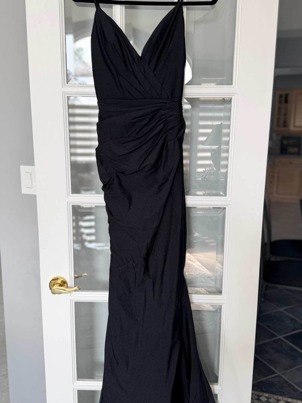 Bari Jay Black Ruched V-Neck Maxi Gown